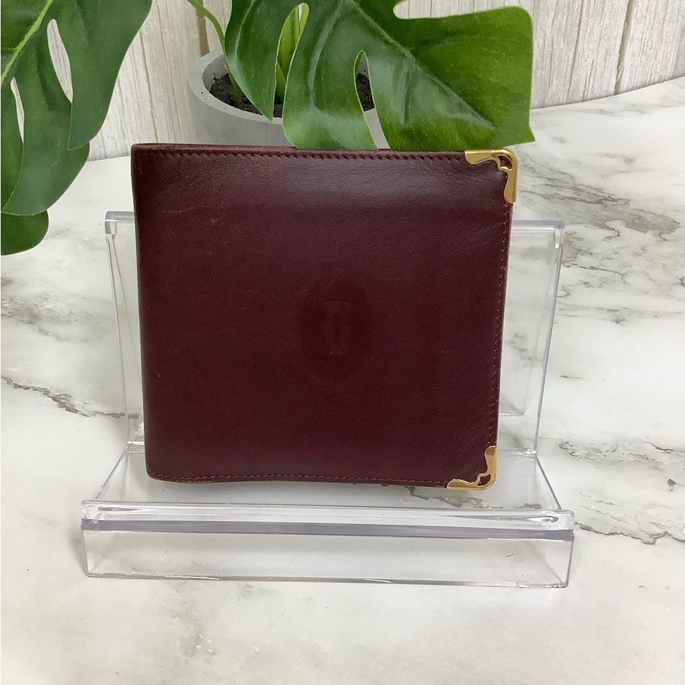 GUC Cartier Bifold Burgundy Leather Wallet with Gold Accents